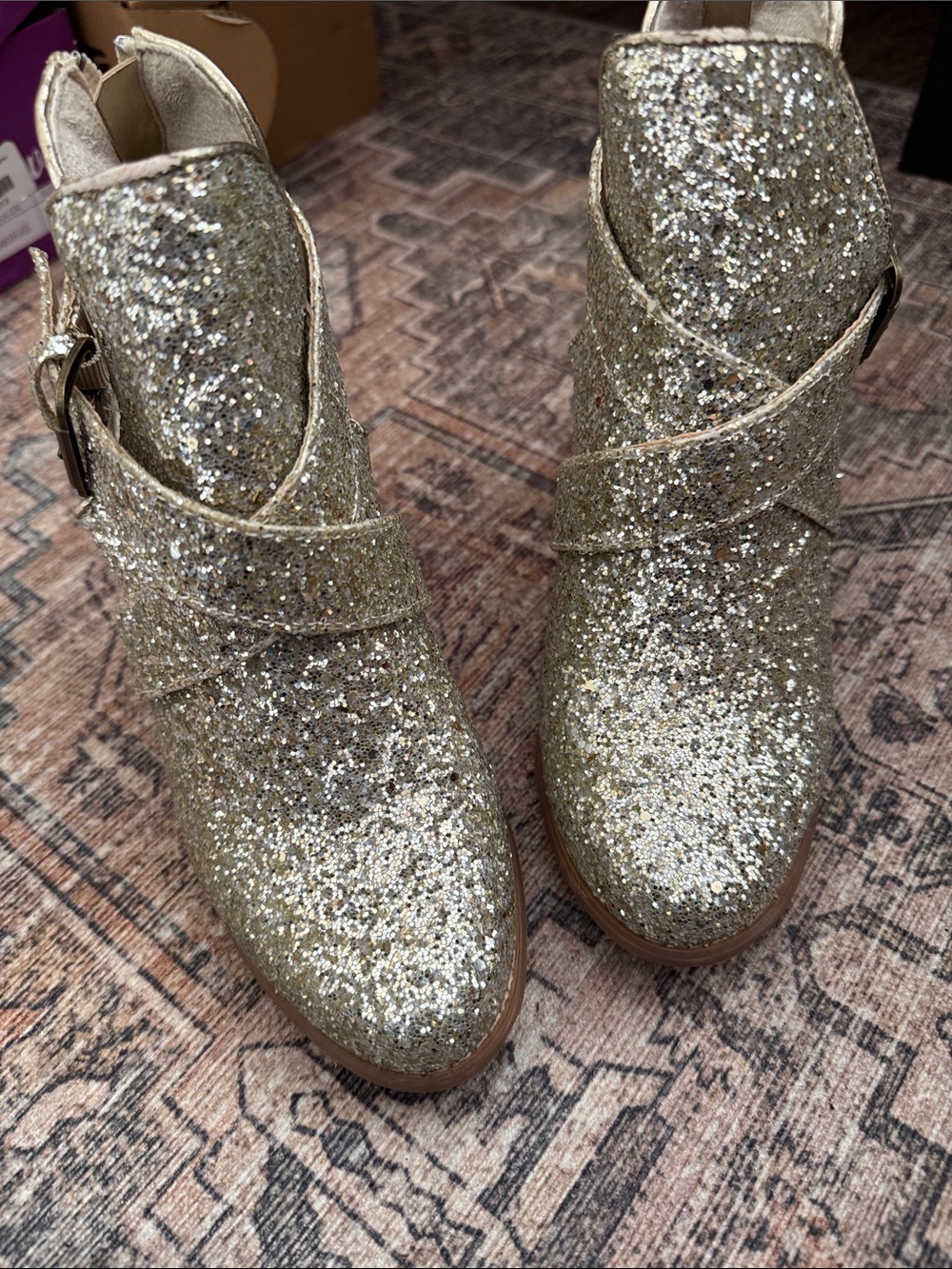 Very G Gold Glitter Buckle Ankle Booties